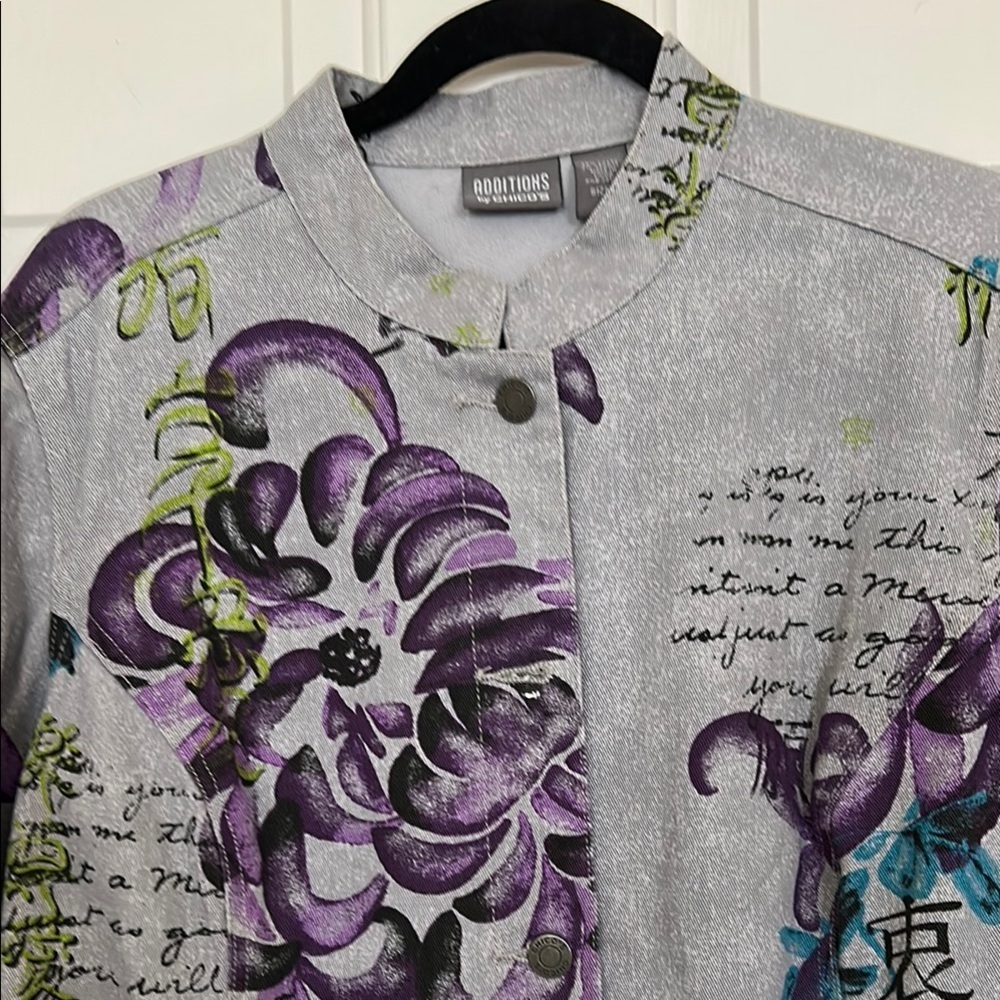 Chico's Additions Gray and Purple Blazer with Artistic Floral Design Chicos Sz 3